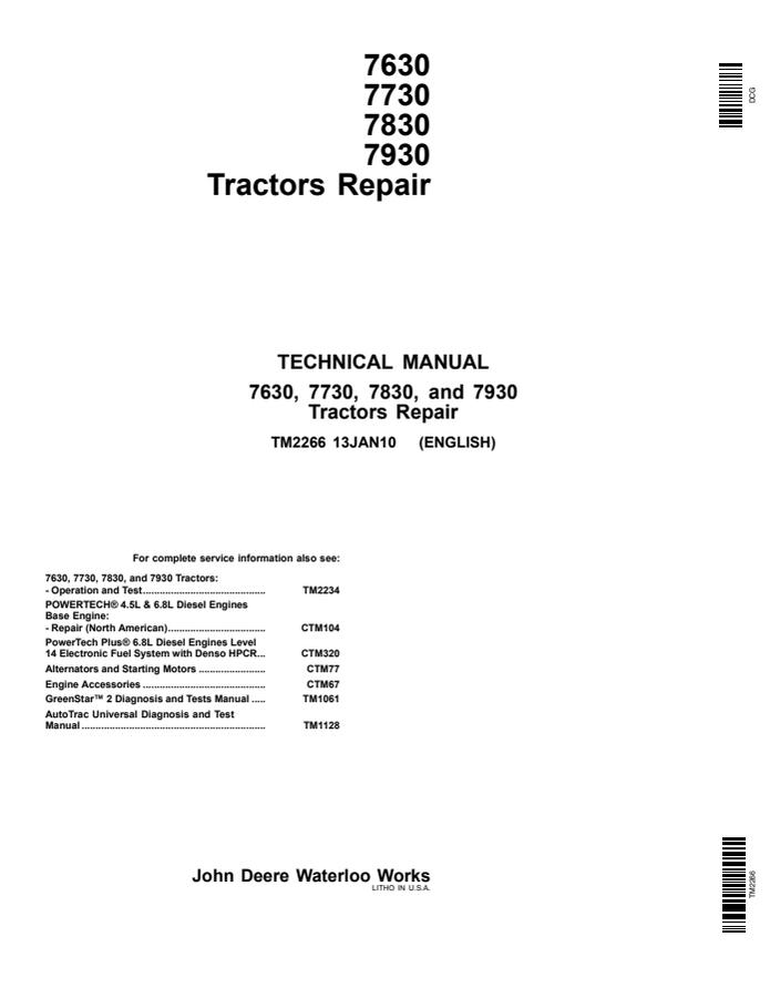John Deere 7630, 7730, 7830, 7930 Tractors Repair Technical Manual TM2266 — actual manual cover