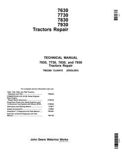 John Deere 7630, 7730, 7830, 7930 Tractors Repair Technical Manual TM2266 — actual manual cover
