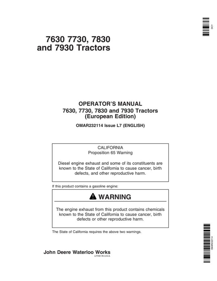 John Deere 7630, 7730, 7830 and 7930 Tractors European Edition Tractor Operator manual OMAR232114 — actual manual cover