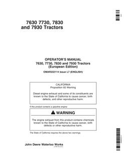 John Deere 7630, 7730, 7830 and 7930 Tractors European Edition Tractor Operator manual OMAR232114 — actual manual cover