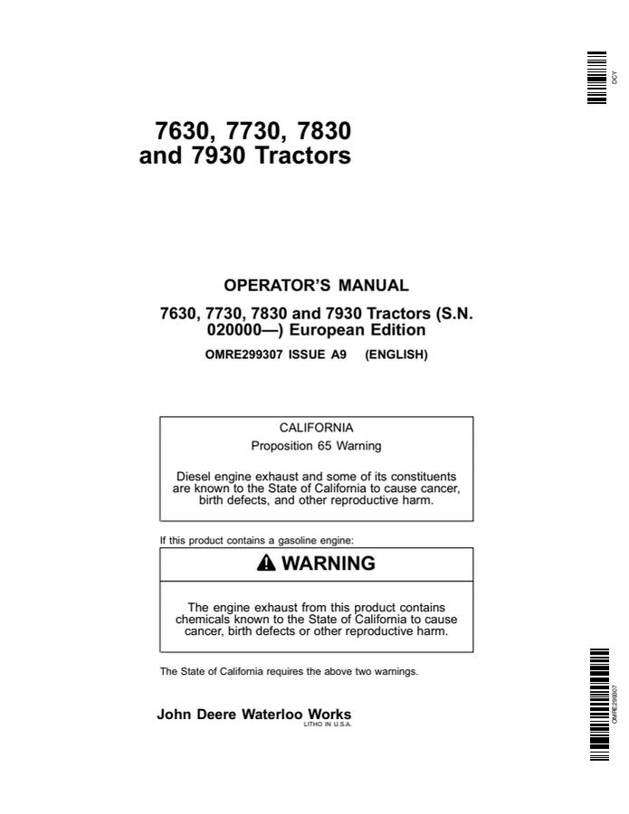 John Deere 7630, 7730, 7830 and 7930 Tractors European Edition Tractor Operator manual OMRE299307 — actual manual cover