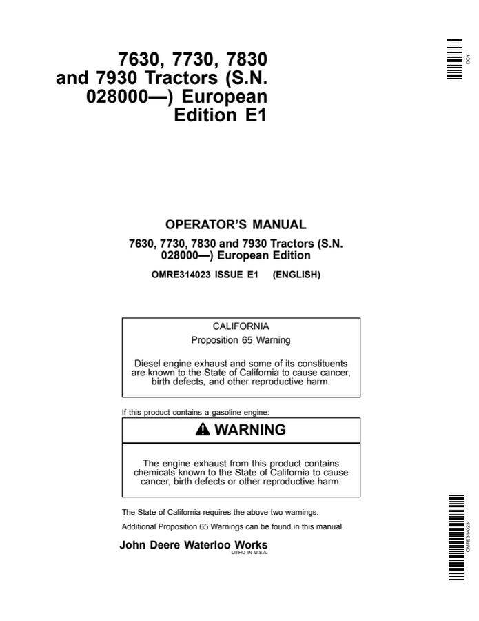 John Deere 7630, 7730, 7830 and 7930 Tractors European Edition Tractor Operator manual OMRE314023 — actual manual cover