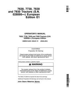 John Deere 7630, 7730, 7830 and 7930 Tractors European Edition Tractor Operator manual OMRE314023 — actual manual cover