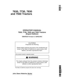 John Deere 7630, 7730, 7830 and 7930 Tractors Export Edition Tractor Operator manual OMAR232110 — actual manual cover