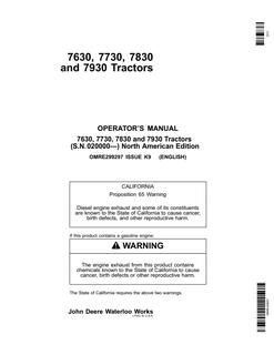 John Deere 7630, 7730, 7830 and 7930 Tractors North American Edition Tractor Operator manual OMRE299297 — actual manual cover