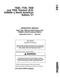 John Deere 7630, 7730, 7830 and 7930 Tractors North American Edition Tractor Operator manual OMRE325992 — actual manual cover