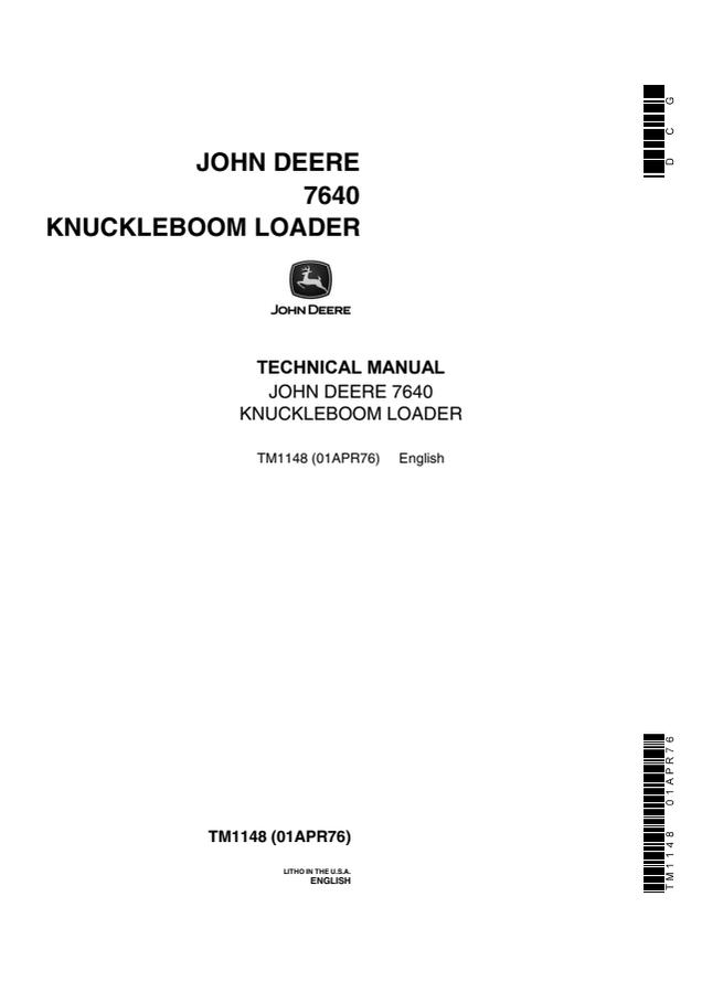John Deere 7640 Knuckleboom loader Technical manual TM1148 — actual manual cover