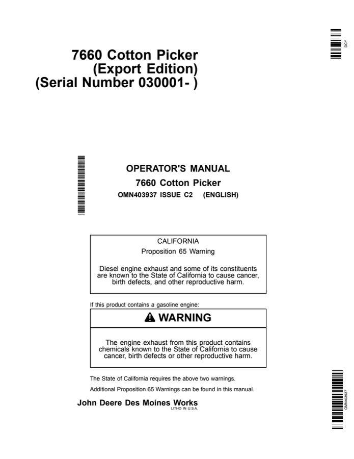 John Deere 7660 Cotton Picker Export Edition Cotton picker Operator manual OMN403937 — actual manual cover