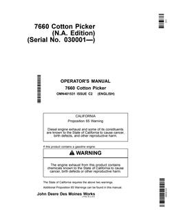 John Deere 7660 Cotton Picker North American Edition Cotton picker Operator manual OMN401531 — actual manual cover