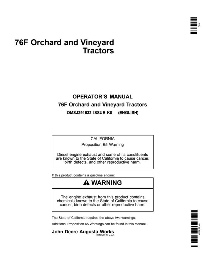 John Deere 76F Orchard and Vineyard Tractors Tractor Operator manual OMSJ291632 — actual manual cover