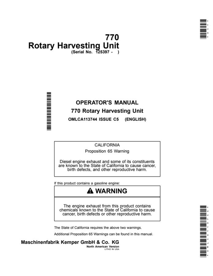 John Deere 770 Rotary Harvesting Unit Rotary harvesting unit Operator manual OMLCA113744 — actual manual cover