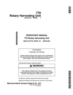 John Deere 770 Rotary Harvesting Unit Rotary harvesting unit Operator manual OMLCA113744 — actual manual cover