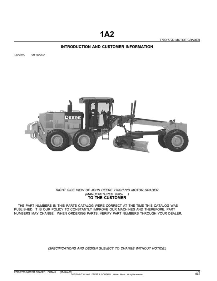 John Deere 770D and 772D, manufactured 2005 and later Motor grader Parts catalog PC9449 — actual manual cover