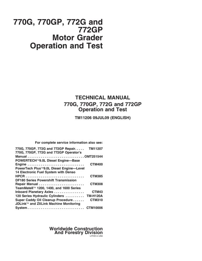 John Deere 770G, 770GP, 772G, 772GP Motor Grader Operation and Test Technical Manual — actual manual cover