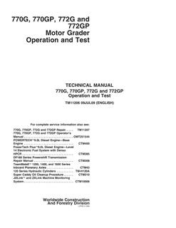John Deere 770G, 770GP, 772G, 772GP Motor Grader Operation and Test Technical Manual — actual manual cover