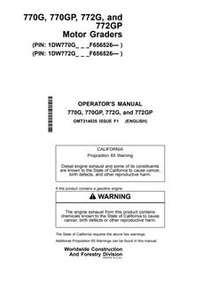 John Deere 770G, 770GP, 772G, 772GP Motor Grader Operator Manual OMT314825 — actual manual cover