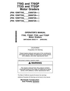 John Deere 770G, 770GP, 772G, 772GP Motor grader Operator manual OMT342548 — actual manual cover