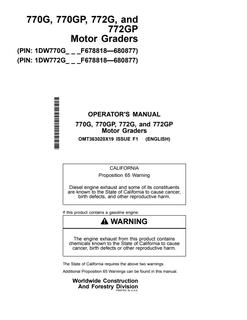John Deere 770G, 770GP, 772G, 772GP Motor Grader Operator Manual OMT363020X19 — actual manual cover