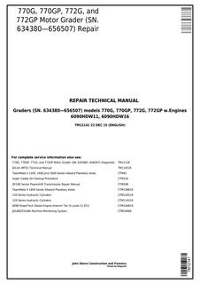 John Deere 770G, 770GP, 772G, 772GP Motor Grader Repair Technical Manual TM12141 — actual manual cover