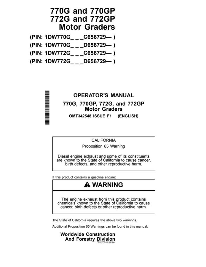 John Deere 770G, 770GP, 772G, 772GP Motor Graders Operator manual — actual manual cover