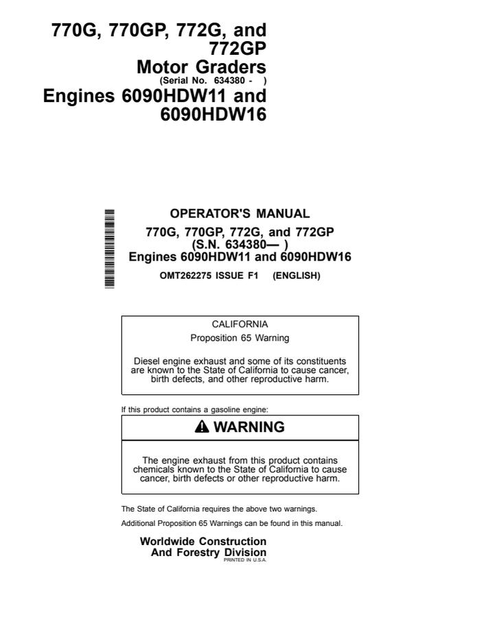 John Deere 770G, 770GP, 772G and 772GP Motor Graders Motor grader Operator manual OMT262275 — actual manual cover