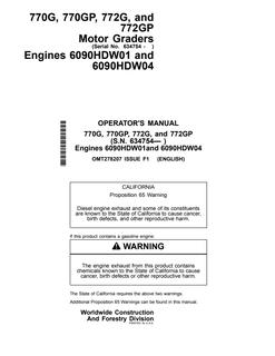 John Deere 770G, 770GP, 772G and 772GP Motor Graders Motor grader Operator manual OMT278207 — actual manual cover