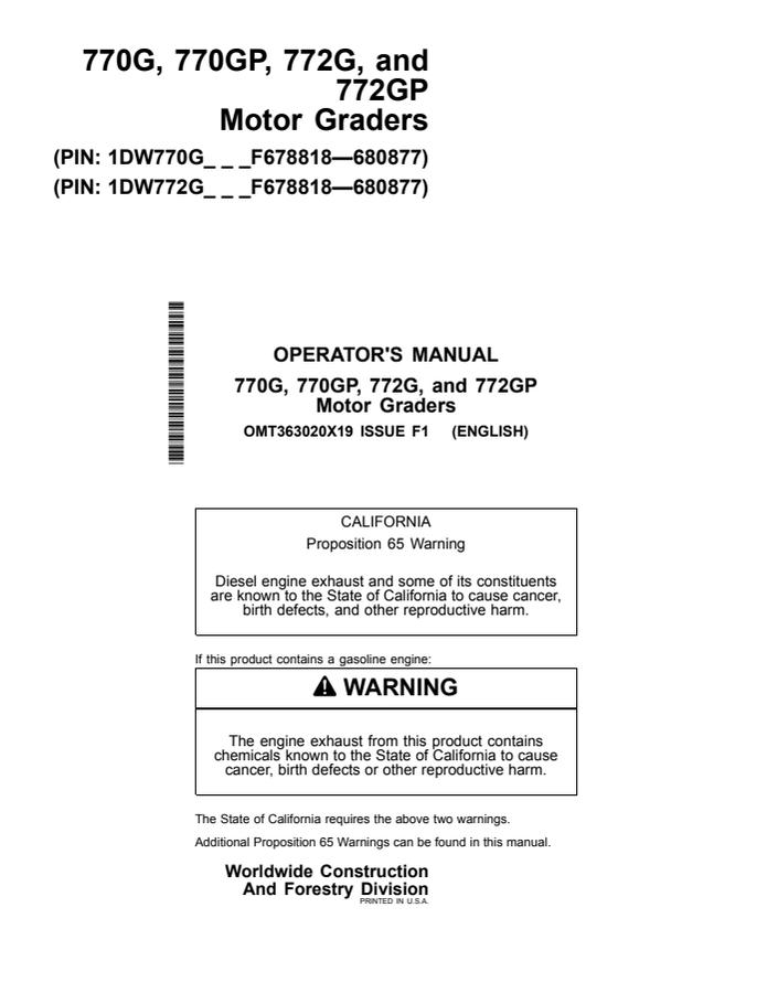 John Deere 770G, 770GP, 772G and 772GP Motor Graders Motor grader Operator manual OMT363020X19 — actual manual cover