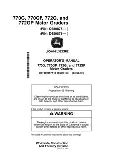 John Deere 770G, 770GP, 772G and 772GP Motor Graders Motor grader Operator manual OMT390957X19 — actual manual cover