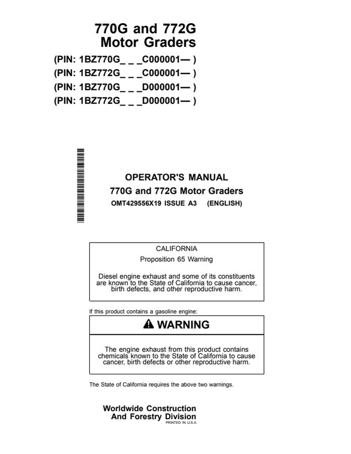 John Deere 770G and 772G Motor Graders Motor grader Operator manual OMT429556X19 — actual manual cover