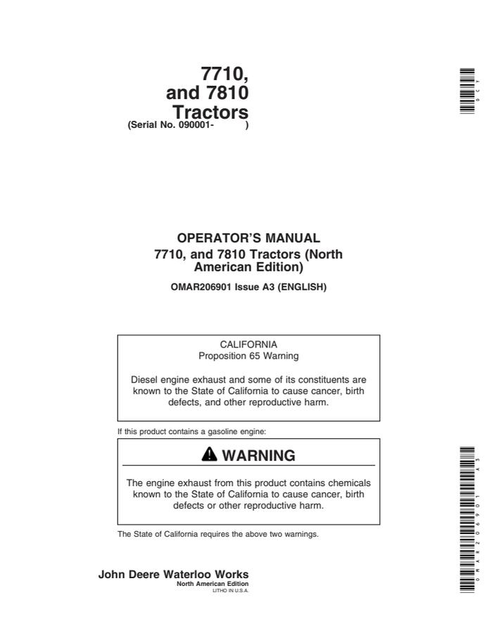 John Deere 7710, 7810 Tractor Operator manual OMAR206901 — actual manual cover