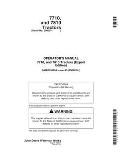 John Deere 7710 and 7810 Tractors Export Edition Tractor Operator manual OMAR206904 — actual manual cover