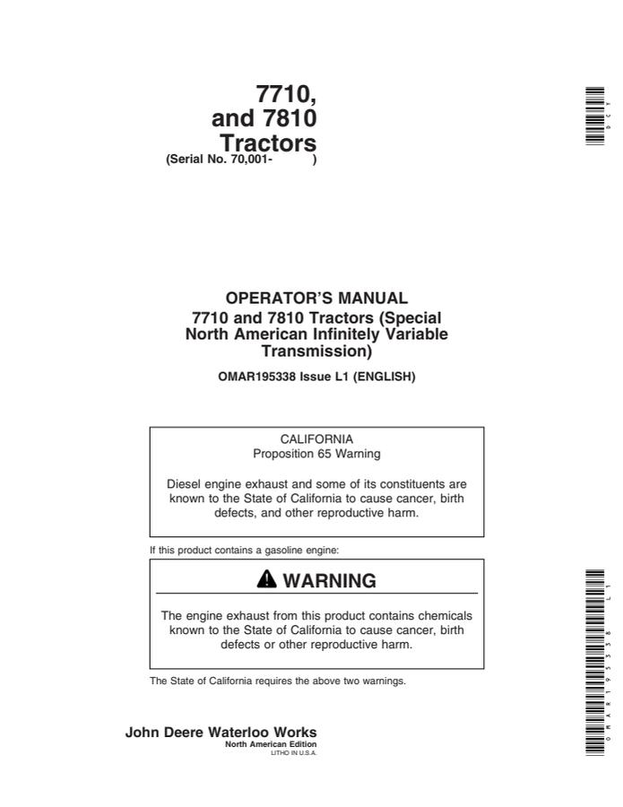 John Deere 7710 and 7810 Tractors Special North American Infinitely Variable Transmission Tractor Operator manual OMAR195338 — actual manual cover