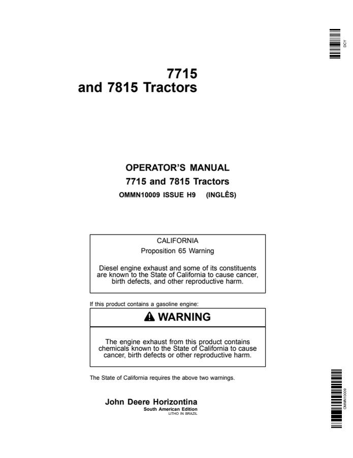 John Deere 7715, 7815 Tractor Operator's manual OMMN10009 — actual manual cover