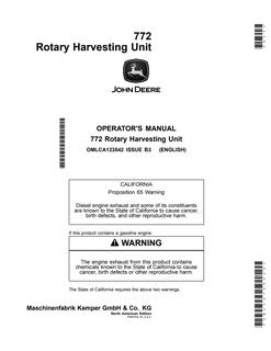 John Deere 772 Rotary Harvesting Unit North American Edition Rotary harvesting unit Operator manual OMLCA123542 — actual manual cover