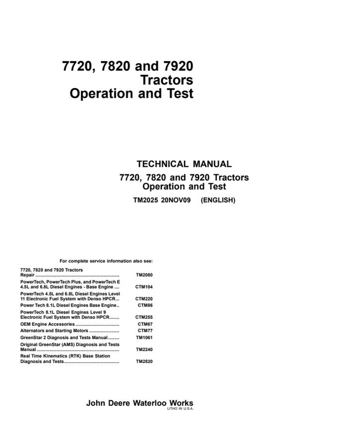 John Deere 7720, 7820, 7920 Tractor Operation and test manual TM2025 — actual manual cover