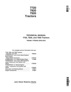 John Deere 7720, 7820, 7920 Tractor Technical Manual TM2080 — actual manual cover