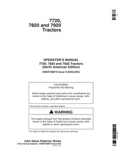 John Deere 7720, 7820 and 7920 Tractors North American Edition Tractor Operator manual OMAR188670 — actual manual cover