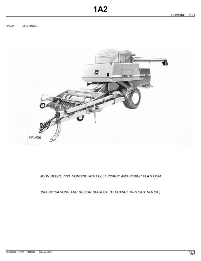 John Deere 7721 Combine Parts catalog PC1669 — actual manual cover