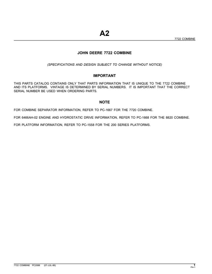 John Deere 7722 Combine Parts catalog PC2088 — actual manual cover