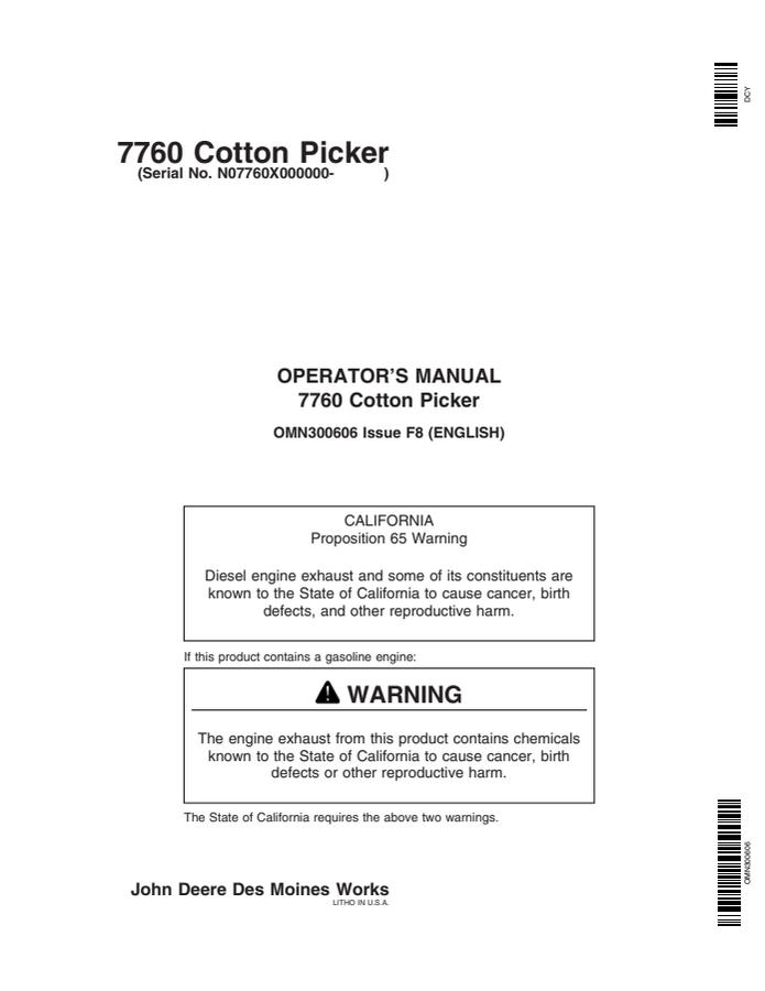 John Deere 7760 Cotton Picker Cotton picker Operator manual OMN300606 — actual manual cover
