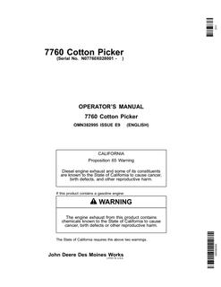 John Deere 7760 Cotton Picker Cotton picker Operator manual OMN382995 — actual manual cover
