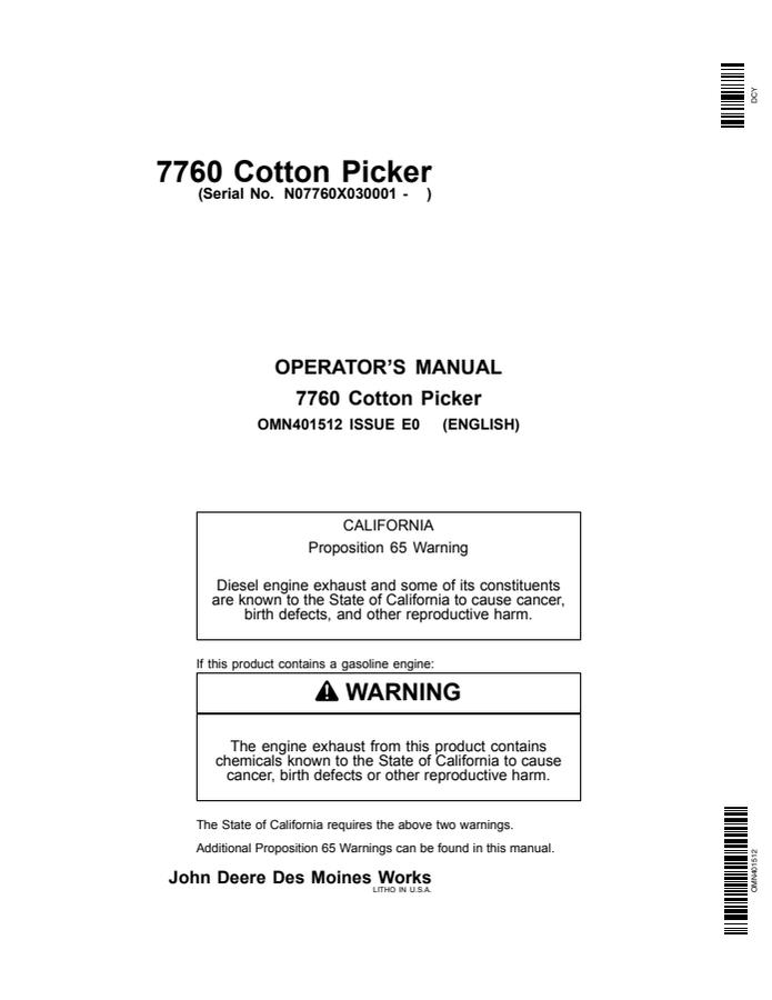 John Deere 7760 Cotton Picker Cotton picker Operator manual OMN401512 — actual manual cover