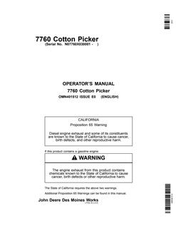John Deere 7760 Cotton Picker Cotton picker Operator manual OMN401512 — actual manual cover