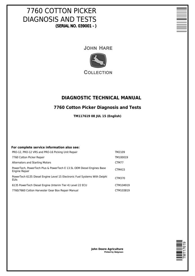 John Deere 7760 Cotton Picker Diagnostic Technical Manual TM117619 — actual manual cover