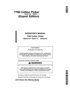 John Deere 7760 Cotton Picker Export Edition Cotton picker Operator manual OMKK11371 — actual manual cover