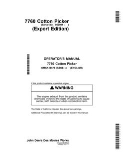John Deere 7760 Cotton Picker Export Edition Cotton picker Operator manual OMKK16576 — actual manual cover