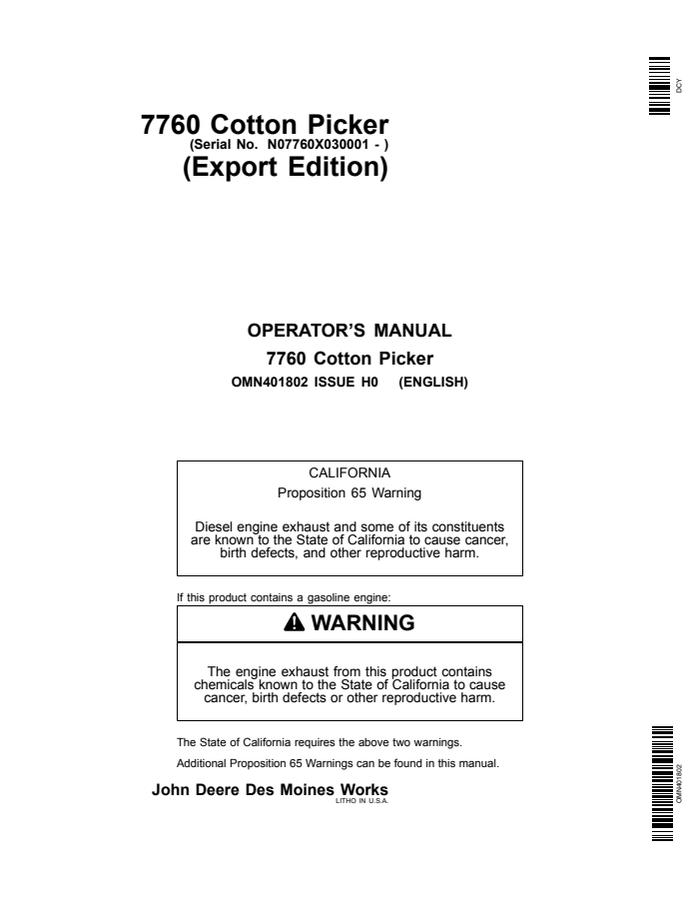 John Deere 7760 Cotton Picker Export Edition Cotton picker Operator manual OMN401802 — actual manual cover