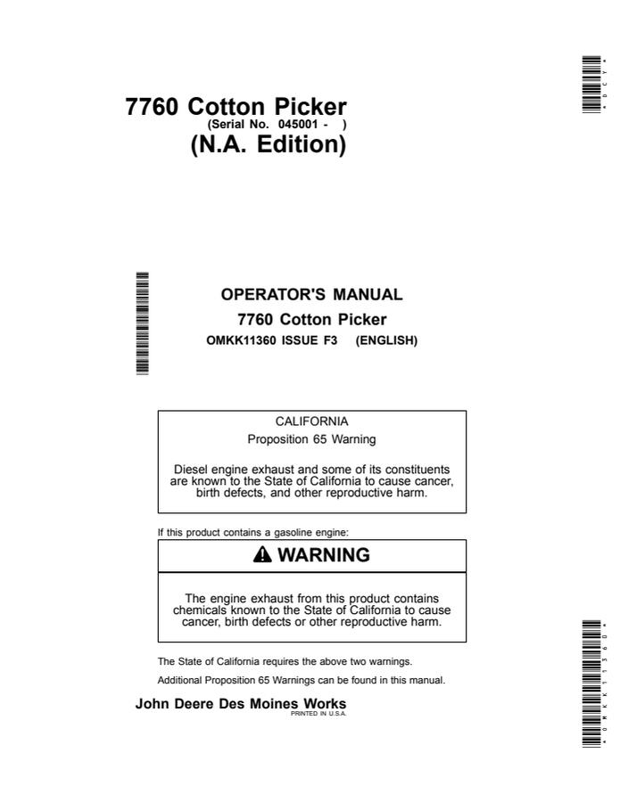 John Deere 7760 Cotton Picker North American Edition Cotton picker Operator manual OMKK11360 — actual manual cover
