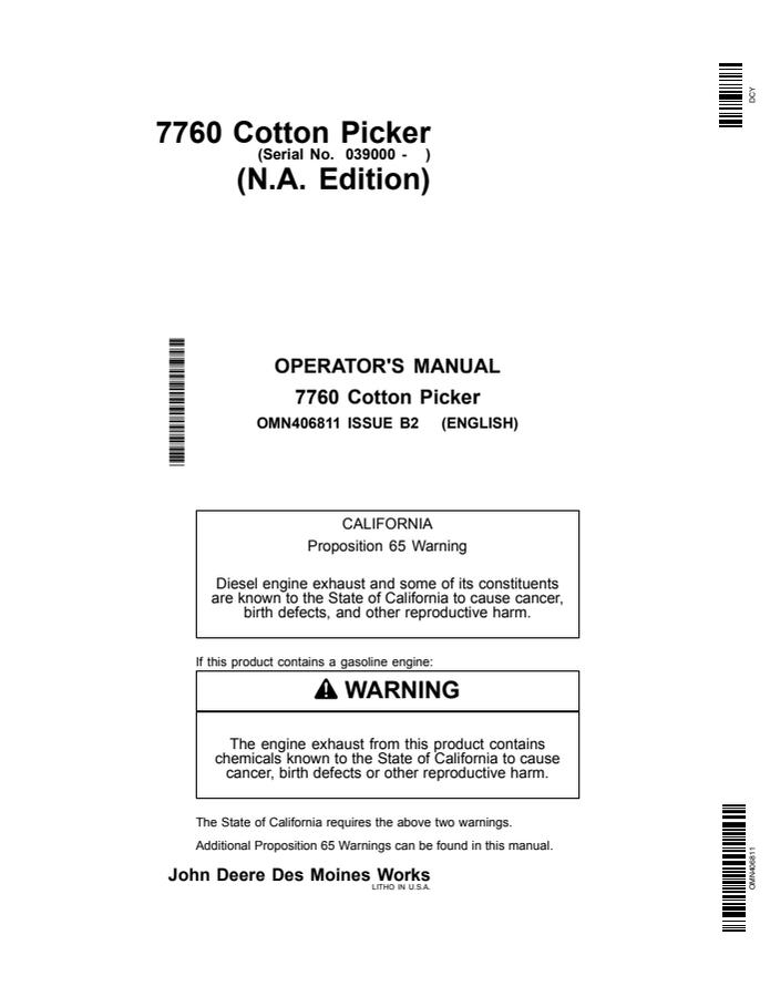 John Deere 7760 Cotton Picker North American Edition Cotton picker Operator manual OMN406811 — actual manual cover