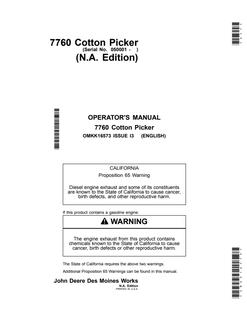 John Deere 7760 Cotton picker Operator's manual OMKK16573 — actual manual cover